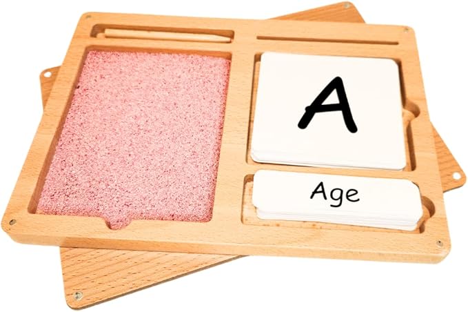 Montessori Sand Tray for Kids 3 4 5 6 Years Old Sand Writing Tray Learning Sensory Toy Educational Alphabet and Phonic Words Comes with Sand, Tray, Lid, 2 Sets of Flashcards, Stylus (Pink)