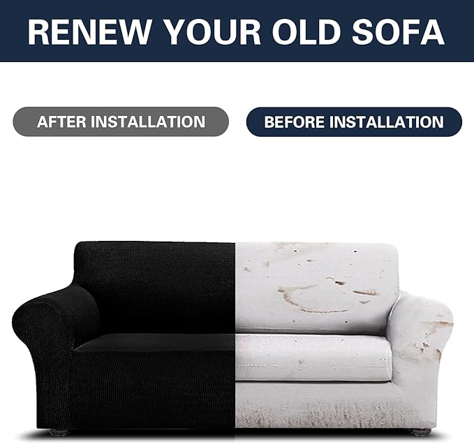 2025 New Stretch Sofa Slipcovers Couch Cover for 3 Cushion Furniture Protector Sofa Covers with Elastic Bottom Jacquard Fabric Small Checks for Pets, Kids -Sofa, Black