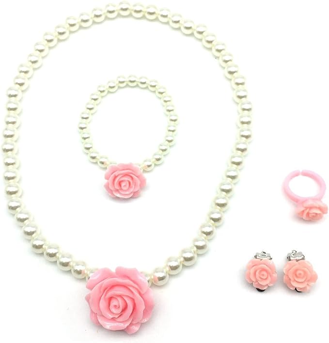 Elesa Miracle Girl Party Favor Pretend Play Princess Rose Pearl Jewelry Value Set - Necklace, Bracelet, Earrings, Ring