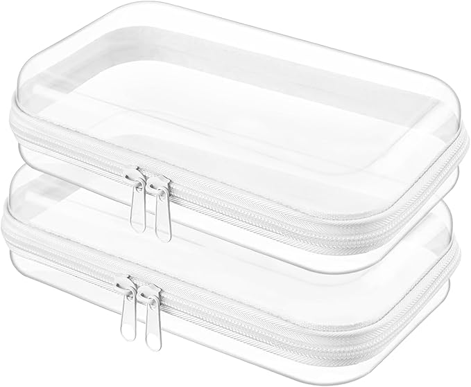 Clear Hard Shell Zipper Case,Clear Toy Storage Pouch,Waterproof Transparent Organizer Comestic Case for Travel, Office, Home(White, 2*S)