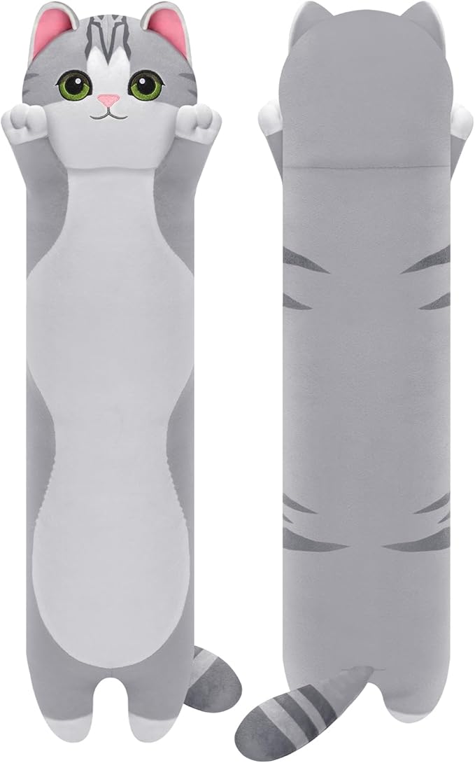 Mewaii Artist-Designed Ultra Soft Long Cat Plush Body Pillow, Extra Stuffing for Comfort, Premium Quality Stuffed Animal Gift for Girlfriend or Cat Lovers (Grey Body Pillow 44 Inch)