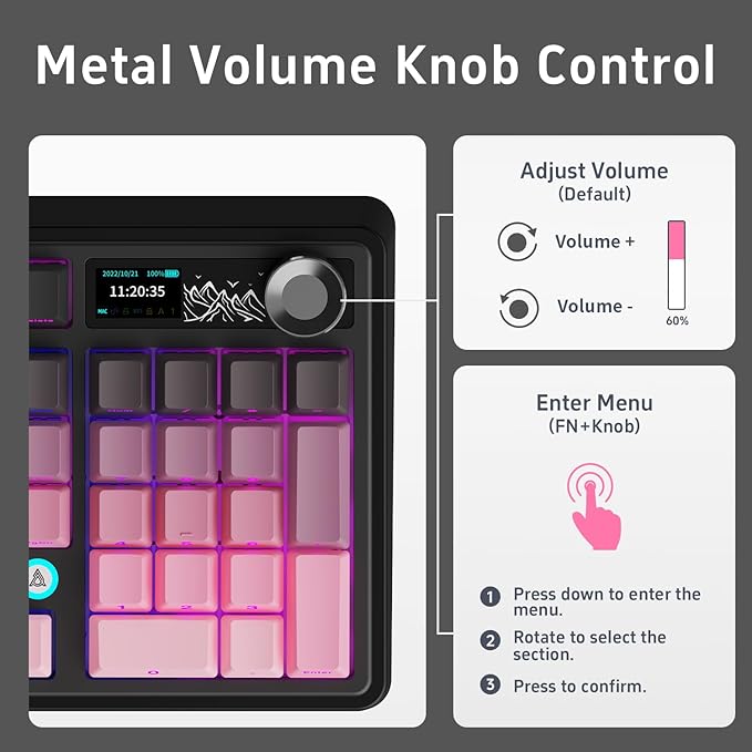 NACODEX Ajazz AK980 Pink Gaming Machanical Keyboard Gift Switch Full Size RGB Gasket Mount Triple Modes Custom Keyboard with Five Layer Pad | Knob Control