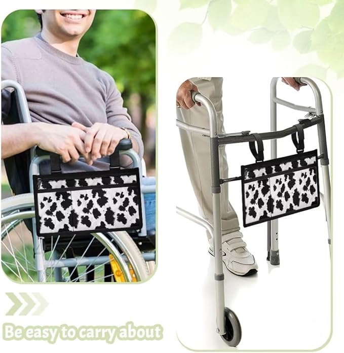 ZOUTAIRONG Cow Print Accessories Bag for Walker, Wheelchair, Rollator for Seniors, w/Cup Holder-Folding Walker Basket Large Capacity Waterproof Walker Caddy Pouch