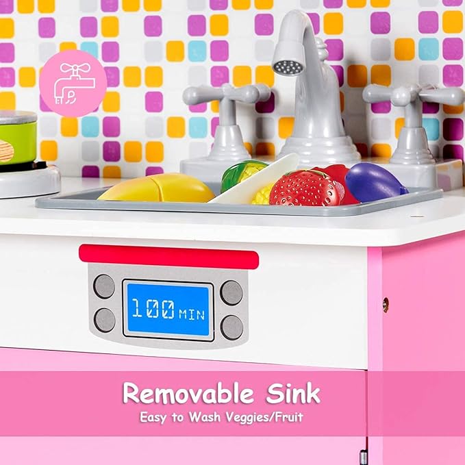 ARLIME Kids Kitchen Playset, Wooden Toy Kitchen w/ Removable Sink, Microwave, Cookware, Large Storage Cabinet, Pretend Play Kitchen for Boys Girls (Pink)