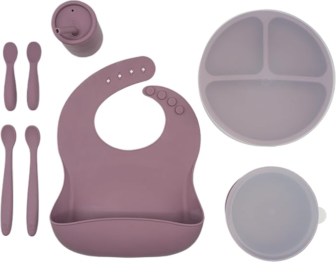 WeeSprout Baby Led Weaning Bundle, Silicone Suction Bowl, Spoons, Bib & Cup, Develops Self Feeding Skills, Dishwasher Safe (Purple)