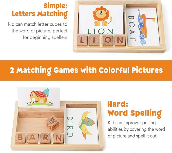 Coogam Spelling Games, Wooden Matching Letters Toy with Flash Cards Words, Montessori ABC Alphabet Learning Educational Puzzle Gift for Preschool Boys Girls Kids Age 3 4 5 Years Old