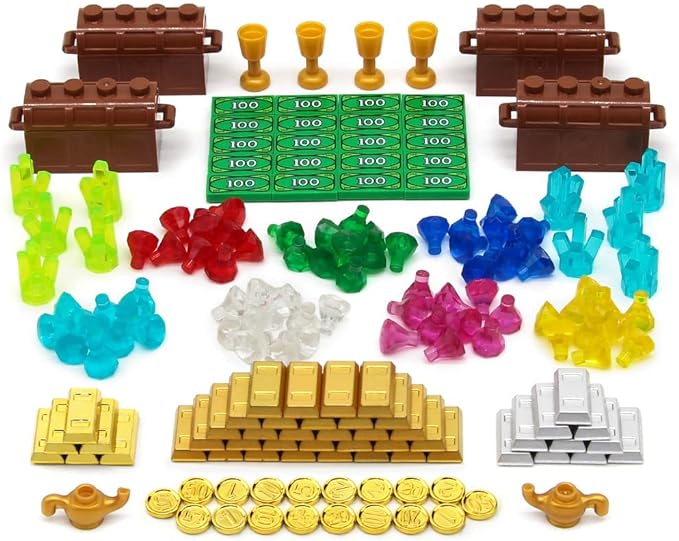 Feleph Treasure Accessories Money Building Blocks Set Jewel Chest, Gems Diamonds, Bullion Gold Tile Silver Bar, Power Crystals, Coins, Goblet, 100 Dollar Bill Cash Toy Brick
