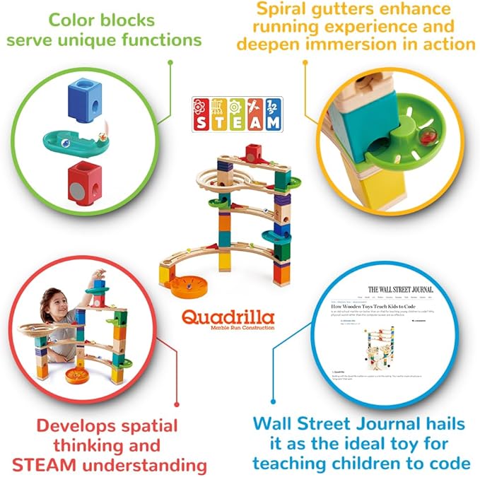 Hape Quadrilla Cliffhanger Wooden Marble Run Blocks | Marble Maze Run Set, Early Educational STEM Development Building Toys for Kids, Multicolor, Model:E6020