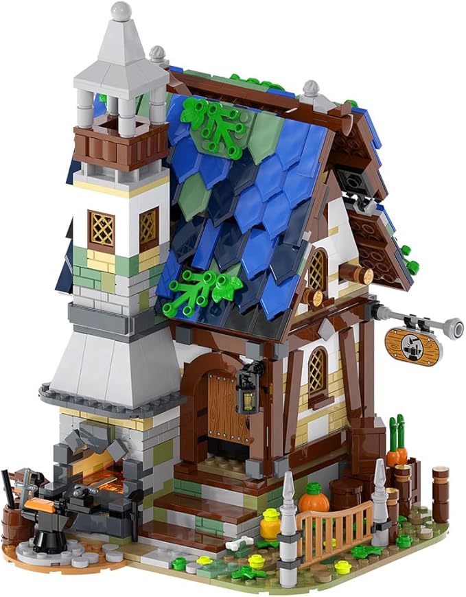 dOvOb Architecture Medieval Smithy Building Blocks Set with LED Light Bricks - 1200+PCS Construction Model for Adults and Kids