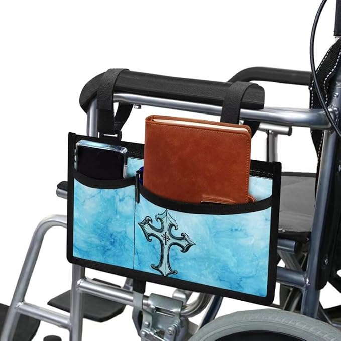 ZOUTAIRONG Blue Cross Wheelchair Side Bag Walker Bag Wheelchair Accessories for Adults Waterproof Armrest Organizer Storage Pouches with Reflective Stripes for Electric Wheelchair Walkers Seniors