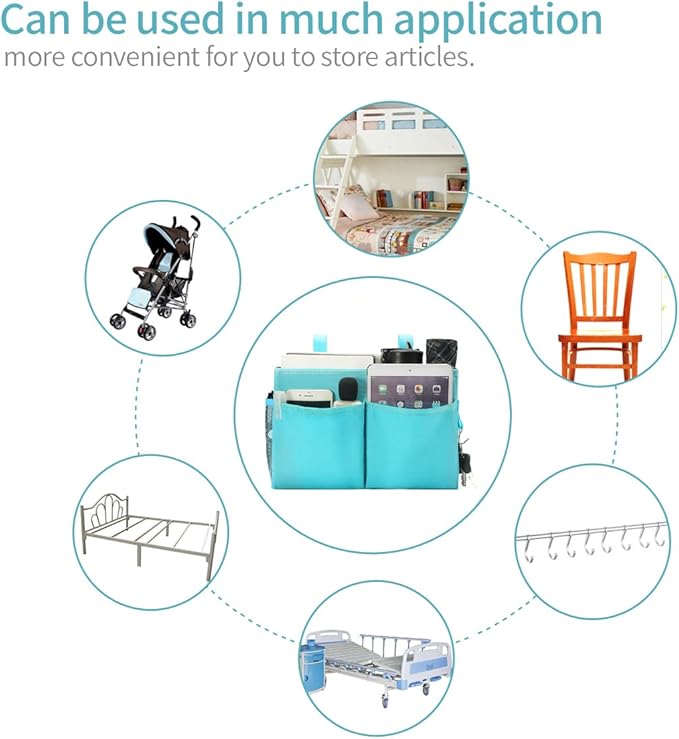 Bseash Bunk Bed Organizer, Bedside Caddy Hanging Bed Organizer Storage Bag with 4 Pockets and 2 Hooks, for College Dorm Rooms Bed, Hospital Bed, Baby Bed Rails, 600D Oxford Cloth (Light Blue)