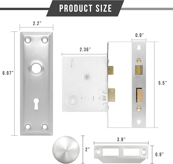 Vintage Door Knob with Lock for Interior Doors Brushed Nickel, Antique Brass 1 Pack Mortise Lock Set, Old Fashioned Bathroom & Bedroom with Skeleton Key for Old House Doors
