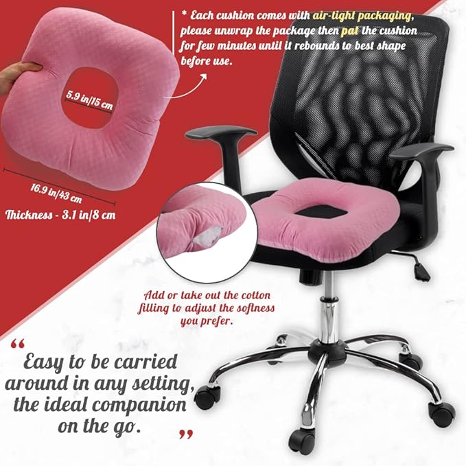 Stuffed Donut Pillow Seat Cushion | for Tailbone and Coccyx Pain, Hemorrhoids, Bed Sores, Pregnancy, Prostate, Surgery Recovery, Sitting Pressure Relief, for Home, Office and Car (Pink)