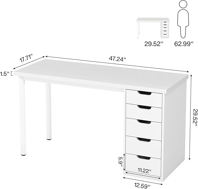 Tribesigns Computer Desk with 5 Drawers, 47 inches Rustic Brown Home Office Desk with Storage, Modern Simple Laptop Desk Study Writing Table for Small Spaces (1, White)