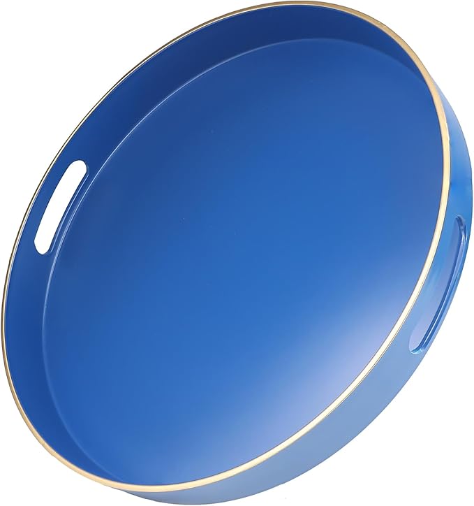 Omuriko Royal Blue Round Decorative Tray with Handles, 13" Versatile Serving Tray for Coffee Table, Ottoman, Ideal for Serving, Displaying, Organizing