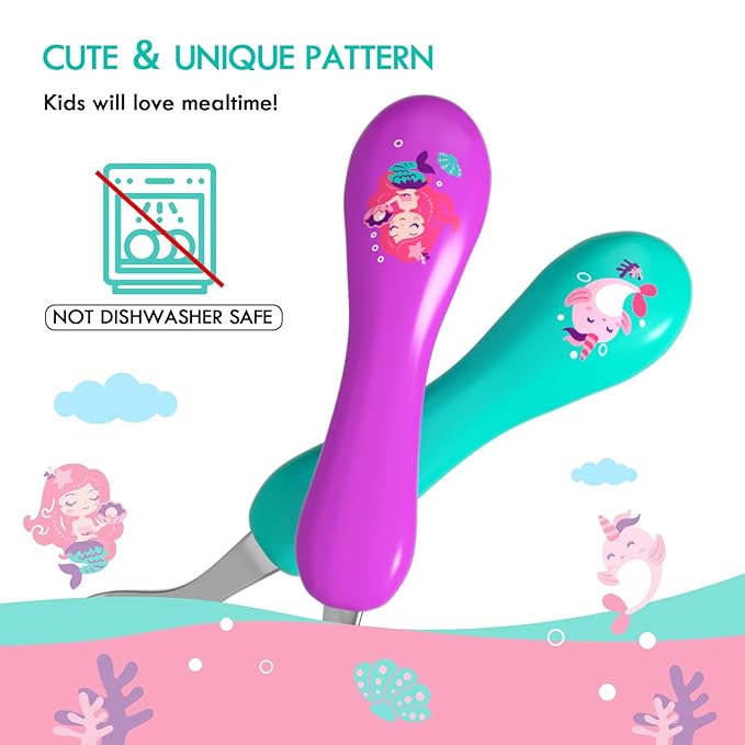 Lehoo Castle Toddler Fork and Spoon, 6pcs Toddler Utensils Kids Silverware, Safe Stainless Steel Toddler Fork Spoon Set, Children Flatware Set, Incudes 3 Spoons and 3 Forks (Mermaid)