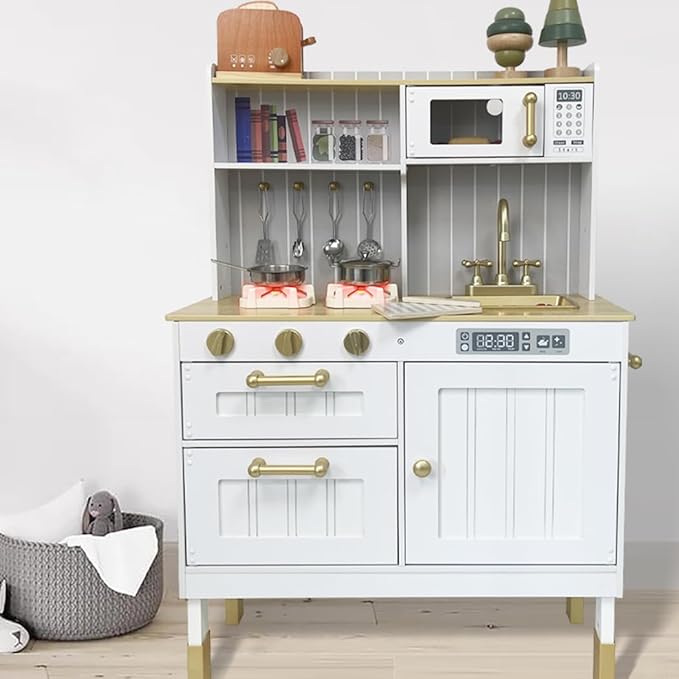 Kids Kitchen Playset,Children Play Kitchen for Toddler,Baby Toy Kitchen Set,Pretend Wooden Kitchen,Birthday Gifts with Play Sink Toy,Lights Sounds, Cooking Set for Kids Ages 1+Boys Girls