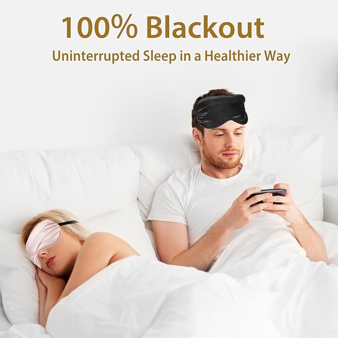 JroyJoy 4 Pack Silk Sleep Mask - 100% Blackout, Zero Eye Pressure, Blindfold with Adjustable Strap, Super Soft Travel Eye Covers (Black, Pink, Blue, Purple)