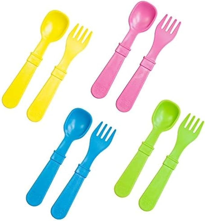Re-Play Made in USA Toddler Forks and Spoons, Pack of 8 Without Carrying Case - 4 Kids Forks with Rounded Tips and 4 Deep Scoop Toddler Spoons - 0.2" Thick Toddler Utensils, Easter