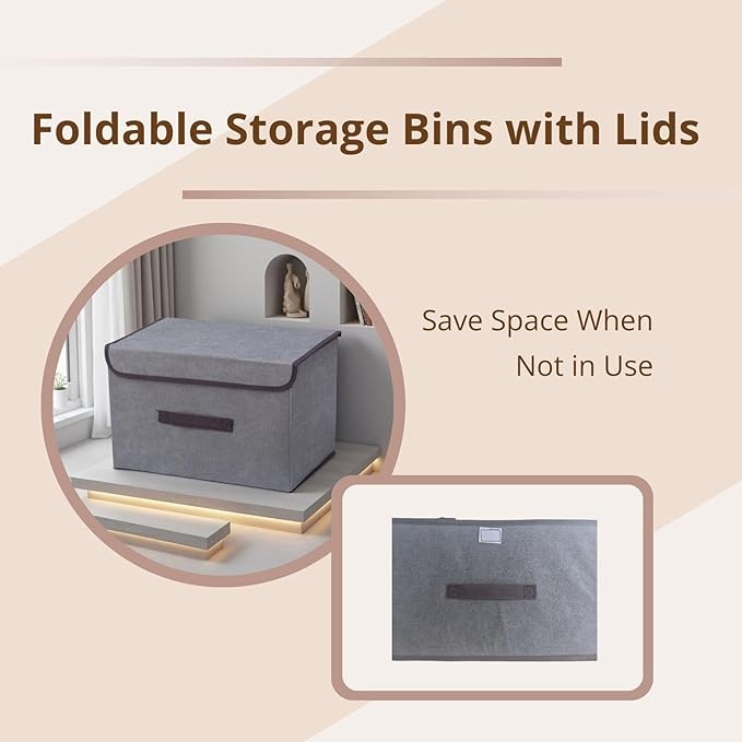 4 PCs Fabric Storage Bins with Lids, Foldable Closet Organizers and Storage, Clothes Storage, Clothes Organizer, Gray, Stackable Storage Bins with Handles for Home, Office, Bedroom, Dorm