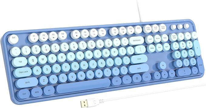 USB Wired Computer Keyboard - Retro Typewriter Style Full Size Office Keyboard with Number Pad, Caps Indicators, Foldable Stands, for PC Laptop Desktop Windows (Blue)