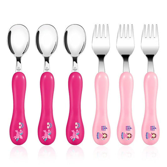 Lehoo Castle Toddler Fork and Spoon, 6pcs Toddler Utensils Kids Silverware, Safe Stainless Steel Toddler Fork Spoon Set, Children Flatware Set, Incudes 3 Spoons and 3 Forks (Pink)