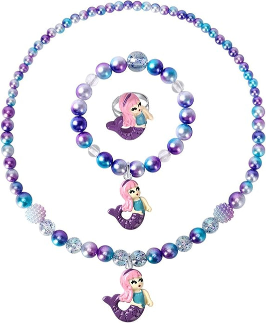 Girls Jewelry Mermaid Necklace Bracelet Ring Set Dress up Pretend Play Jewelry Gifts Kids Toddler Mermaid Party Costume Jewelry Supplies