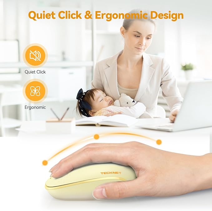 TECKNET Wireless Mouse, 2.4G Quiet Computer Mouse with USB Receiver, 4 Buttons Portable Cordless Mice for Chromebook, Laptop, PC, Mac, 800/1200/1600 DPI - Yellow