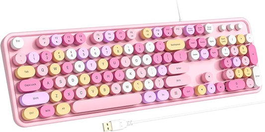 Computer Keyboard Wired, Plug Play USB Keyboard with Large Number Pad, Caps Indicators, Foldable Stands, Full Size Keyboard for Windows PC Laptop (Pink Colorful)
