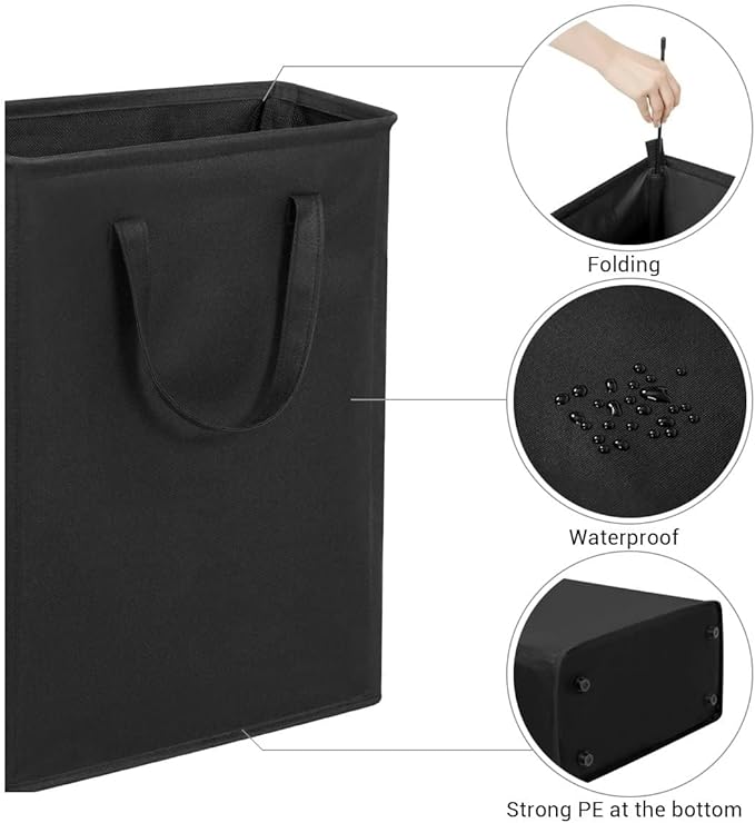 ZERO JET LAG Slim Laundry Hamper With Handles Collapsible Laundry Basket Thin Dirty Clothes Basket Narrow Laundry Bag Foldable Dirty Clothes Hamper 45L (23 inches,Black)