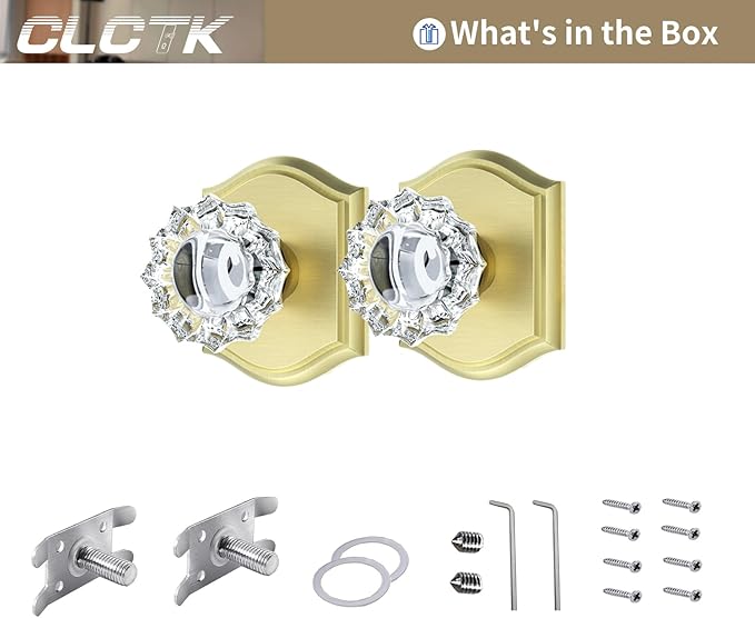 CLCTK 2 Pack Light Gold Crystal Glass Dummy Door Knobs, Non-Turning No Lock Single Side Dummy Door Knob for Interior Doors, Satin Brass