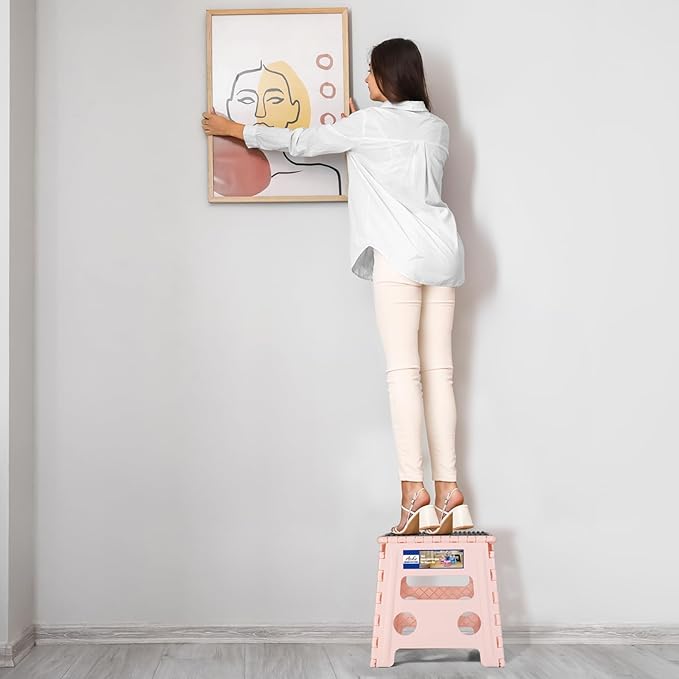 ACKO 10pack Folding Step Stool 13 Inch Stool Heavy Duty Plastic Foldable Step Stools for Kids, Stepping Stool with Handle, Folding Stool Suitable for Kitchen Hold Up to 300 LB (Sakura Pink)