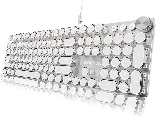 EWEADN Typewriter Style Mechanical Keyboard, Wired Typewriter Keyboards,104 Keys Backlit LED Metal Keyboards, Media Control Knob, Wired Computer Keyboard White Switch for Windows/Mac/PC-White