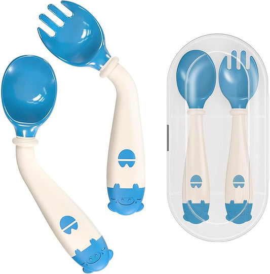 Deejoy Toddler Utensils, Self-feeding Flatware Set withTravel Case, Baby Spoons and Forks with Silicone Bendable Handle, Easy Grip Heat-Resistant, Ideal for Kids, Stage 2 (Blue)
