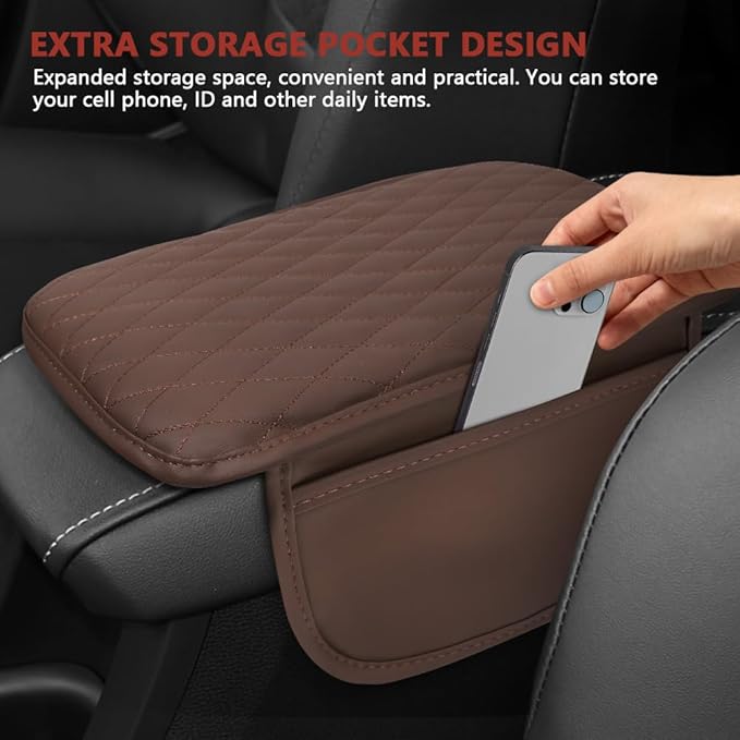 ongfuwu Car Center Console Cover, 12"×7.87" Waterproof Leather Auto Armrest Cover Protector with 2 Pocket, Comfortable Arm Rest Box Cushion Pad, Universal Interior Car Accessories (Coffee)