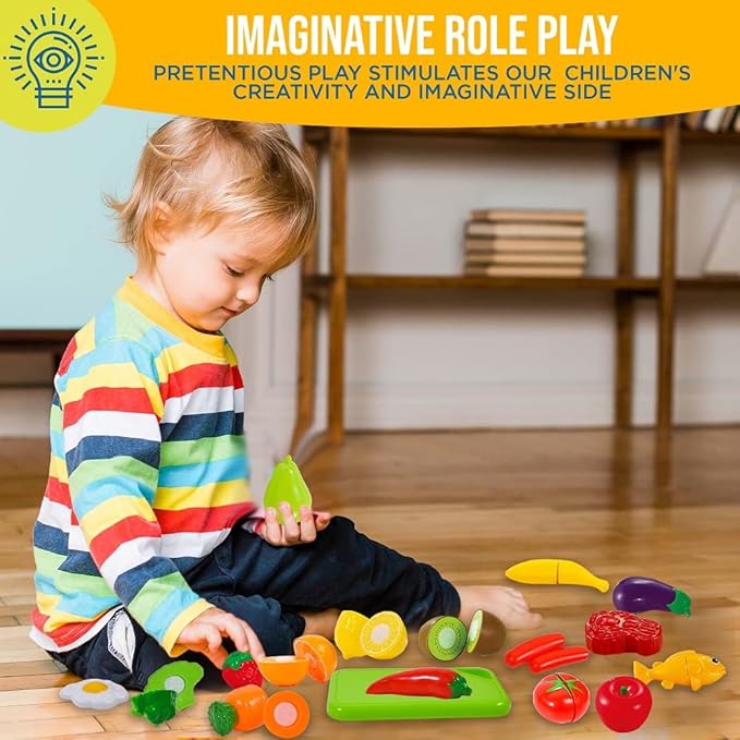 FUNERICA Cuttable Play Food, Fruits and Vegetables for Kids, Pretend Kitchen Toy Accessories Set with Knives, Cutting Board, Plates - Cutting Food for Toddlers and Kids