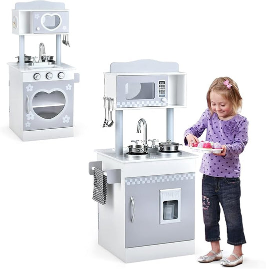 Costzon Kids Kitchen Playset, Double-Sided Wooden Play Kitchen Toy Set w/Realistic Sound, Oven, Ice Cube Dispenser, Utensils, Sink, Large Storage Space, Pretend Chef Cooking Set for Toddlers