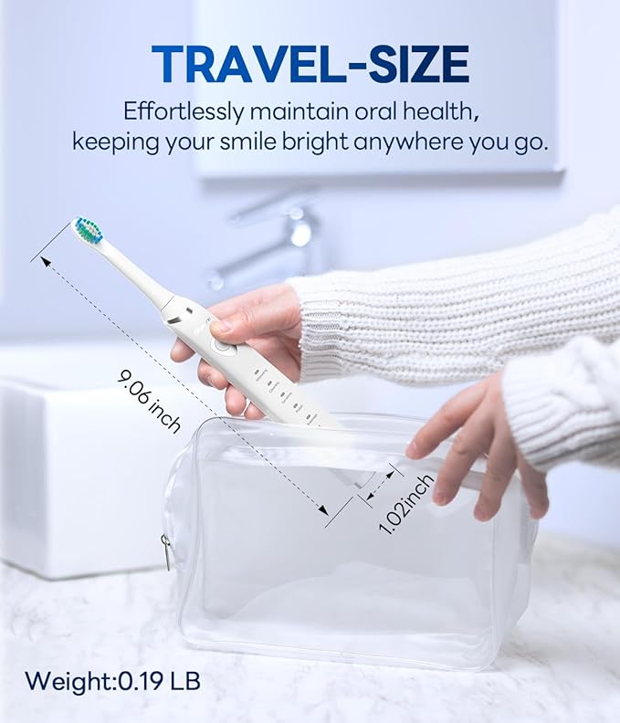 Bymore Electric Toothbrush for Adults,Travel Sonic Toothbrush with 8 Replacement Heads, Ultra Clean Rechargeable Toothbrush Portable One Charge for 330days 5 Modes 2mins Timer-White