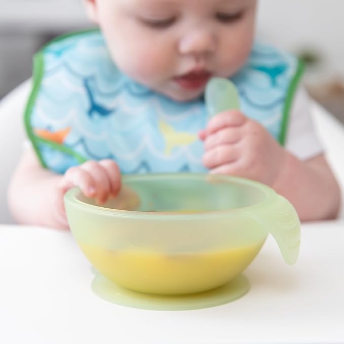 Bumkins Baby Bowl, Silicone Feeding Set with Suction for Baby and Toddler, Includes Spoon and Lid, First Feeding Set, Training Essentials for Baby Led Weaning for Babies 4 Months Up, Green Jelly
