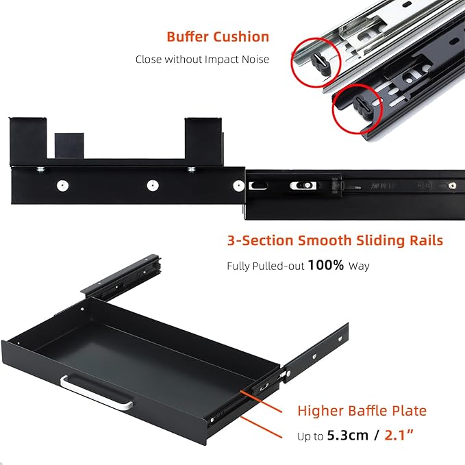 OSteed Under Desk Drawer Black 21" with 4 Divider Trays, Under Shelf Pencil Drawer Pull-out, Standing Desk Metal Storage Attachment Slide Out for Workbench