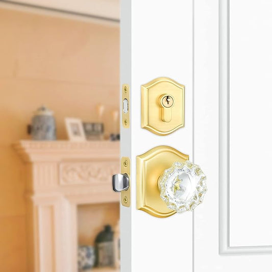 Crystal Glass Passage Door Knob and Single Cylinder Deadbolt Combo Set, Satin Brass Finish