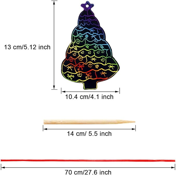 72Pcs Christmas Tree Scratch Paper Rainbow Color Scratch Ornaments Christmas Decorations Hanging Craft Art Kits with Wooden Stick and Ribbon for Kids Christmas Winter Party Favors