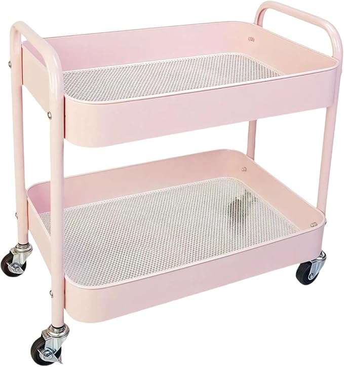 LIWNYRK 2 Tier Pink Rolling Cart with Wheels for Under Desk Storage, Large Capacity Rolling Pantry & Kitchen Storage Cart for Small Space, Sturdy Metal Bathroom Shelf Laundry Room Organization