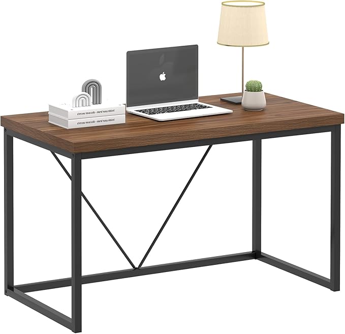 FOLUBAN Modern Office Desk, Rustic Wood and Metal Computer Desks, Industrial Study Writing Table, Simple Work Gaming PC Desk for Bedroom Living Room, Walnut 47 Inch