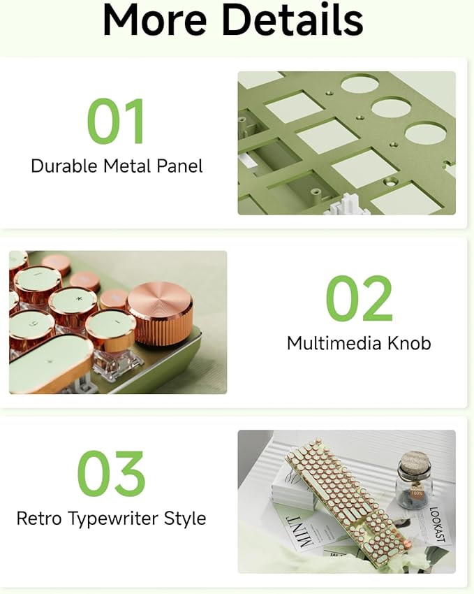 EWEADN Typewriter Style Mechanical Keyboard, Wired Typewriter Keyboards,104 Keys Backlit LED Metal Keyboards, Media Control Knob, Wired Computer Keyboard Pink Switch for Windows/Mac/PC-Green