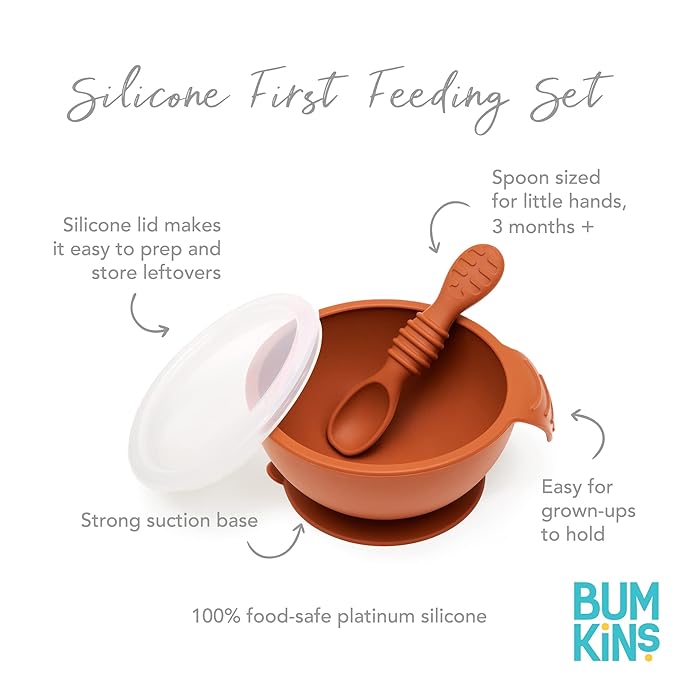 Bumkins Baby Bowl, Silicone Feeding Set with Suction for Baby and Toddler, Includes Spoon and Lid, First Feeding Set, Training Essentials for Baby Led Weaning for Babies 4 Months Up, Clay