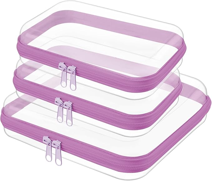 Clear Hard Shell Zipper Case,Clear Toy Storage Pouch,Waterproof Transparent Organizer Cosmtic Case for Travel, Office, Home (Purple, M+2*S)