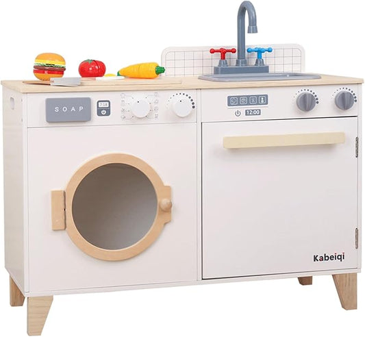 Kids Play Kitchen - Wooden Multi-Function Washing Machine for Kids Kitchen Playset - Pretend Toddlers' Kitchen Toy Washer with Accessories - Perfect Baby Gift for Ages 3-8