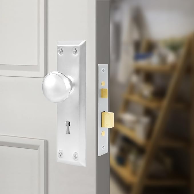 Vintage Door Knob with Lock for Interior Doors Brushed Nickel, Antique Brass 1 Pack Mortise Lock Set, Old Fashioned Bathroom & Bedroom with Skeleton Key for Old House Doors