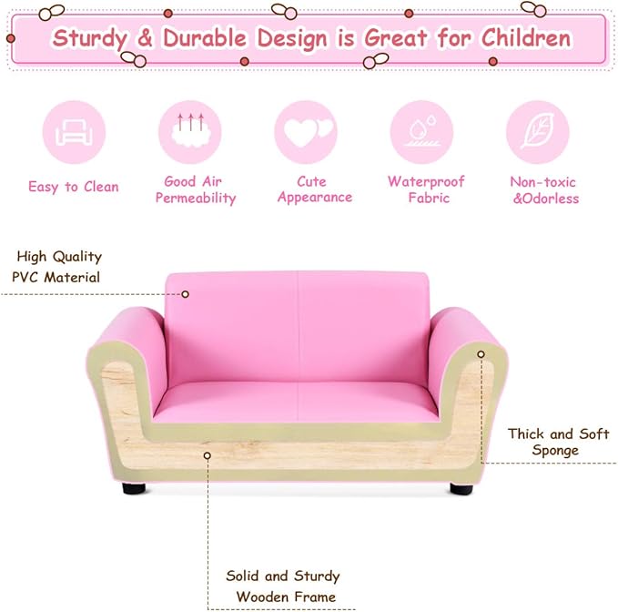 Costzon Kids Couch with Footstool, 2 in 1 Double Seat Children's Sofa w/PU Leather Surface, Armrest Chair Lounge, Soft Kids Sofa for Preschool Bedroom Kids Room Toddlers Boys Girls Birthday (Pink)